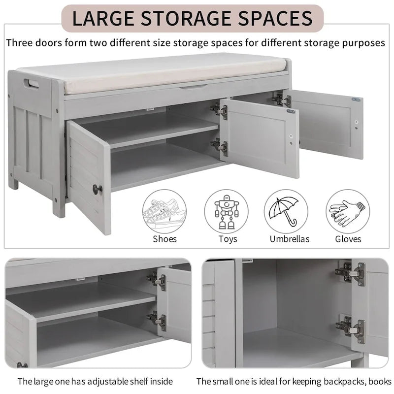 3 Shutter-shaped Doors Storage Bench with Removable Cushion