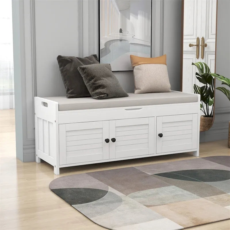 3 Shutter-shaped Doors Storage Bench with Removable Cushion