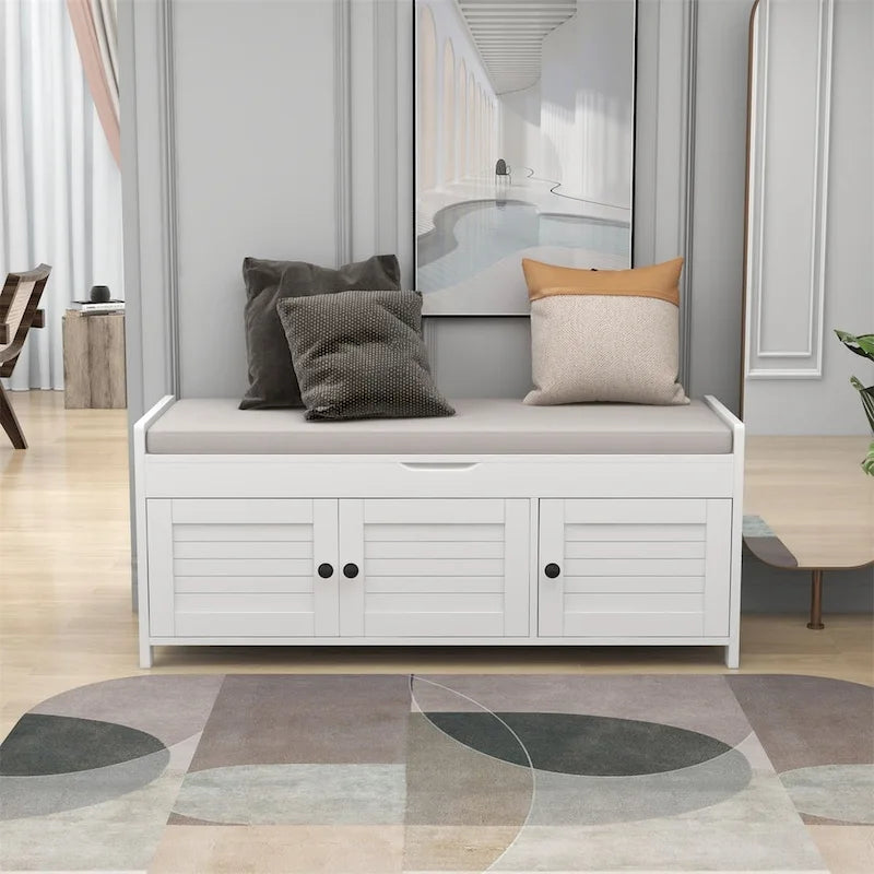 3 Shutter-shaped Doors Storage Bench with Removable Cushion