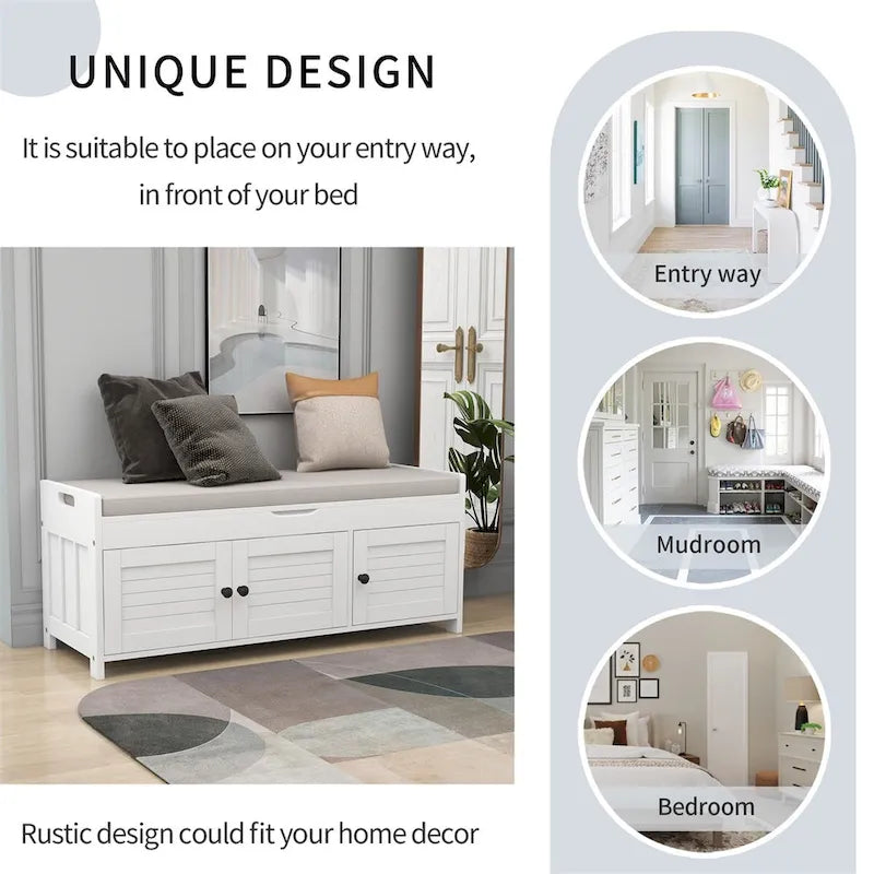3 Shutter-shaped Doors Storage Bench with Removable Cushion