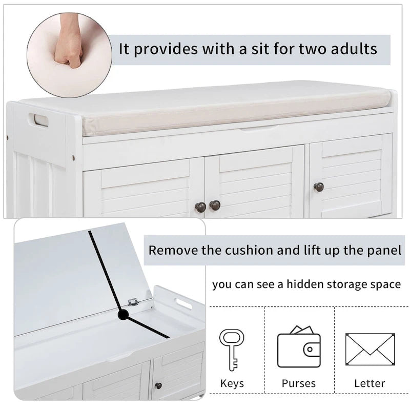 3 Shutter-shaped Doors Storage Bench with Removable Cushion