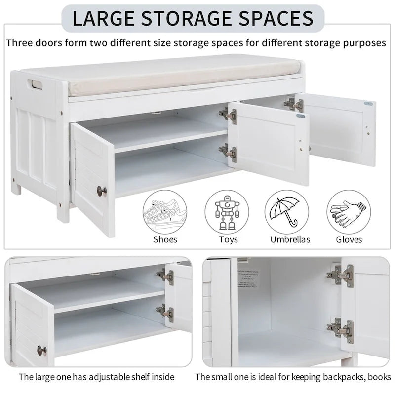3 Shutter-shaped Doors Storage Bench with Removable Cushion