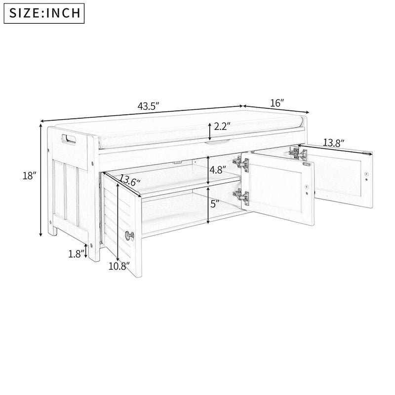 3 Shutter-shaped Doors Storage Bench with Removable Cushion