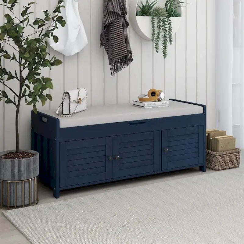 3 Shutter-shaped Doors Storage Bench with Removable Cushion