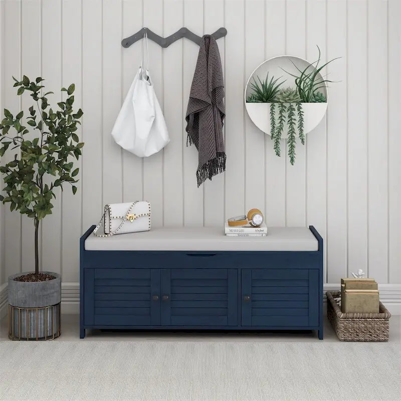 3 Shutter-shaped Doors Storage Bench with Removable Cushion