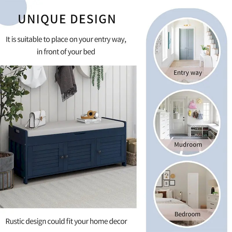 3 Shutter-shaped Doors Storage Bench with Removable Cushion