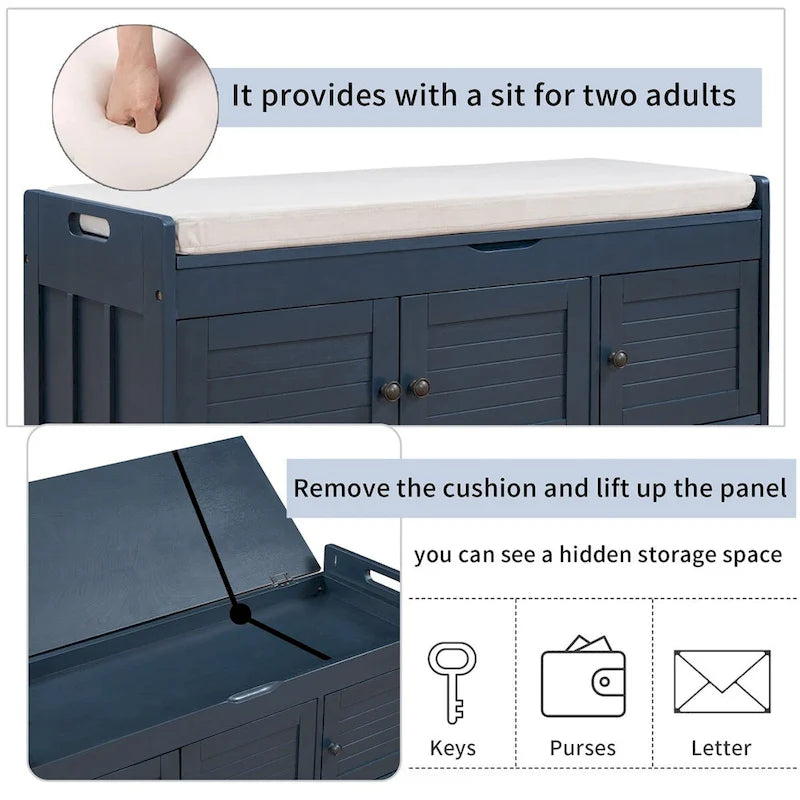 3 Shutter-shaped Doors Storage Bench with Removable Cushion