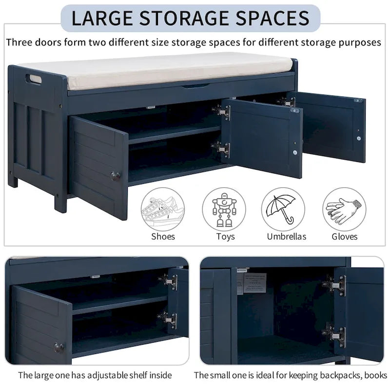 3 Shutter-shaped Doors Storage Bench with Removable Cushion