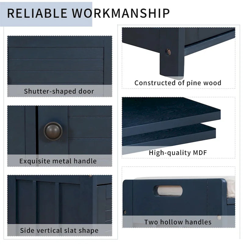 3 Shutter-shaped Doors Storage Bench with Removable Cushion