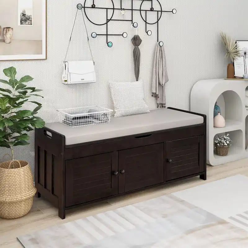3 Shutter-shaped Doors Storage Bench with Removable Cushion