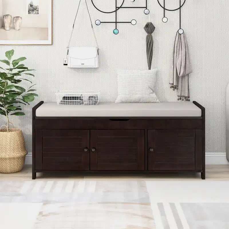 3 Shutter-shaped Doors Storage Bench with Removable Cushion