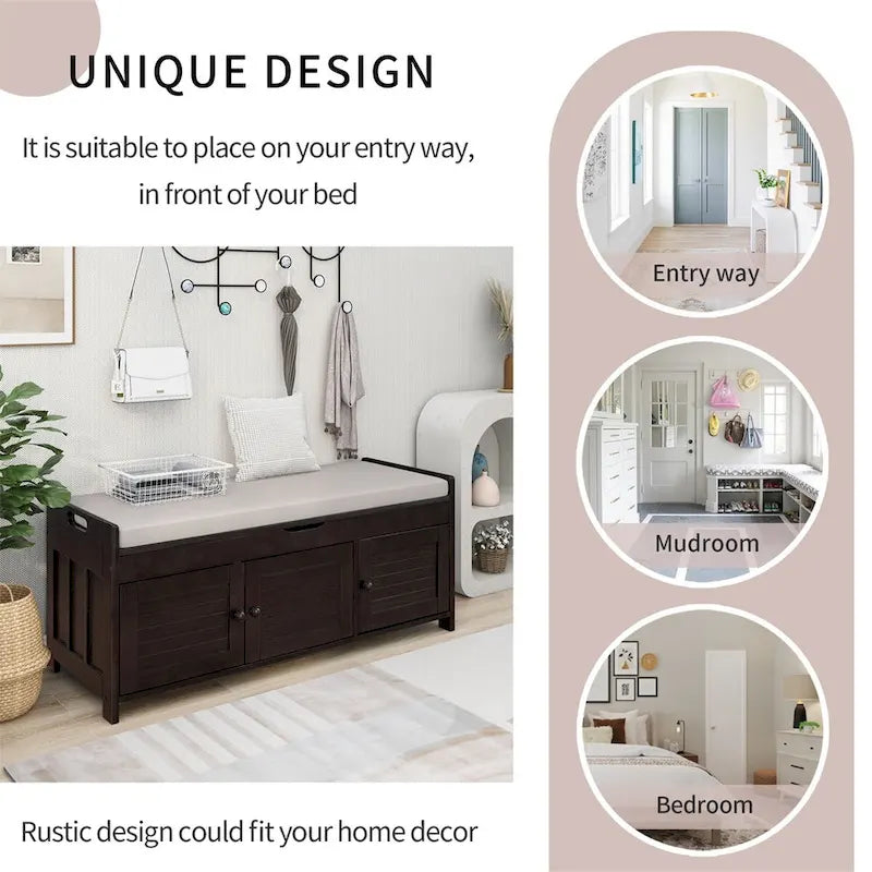 3 Shutter-shaped Doors Storage Bench with Removable Cushion