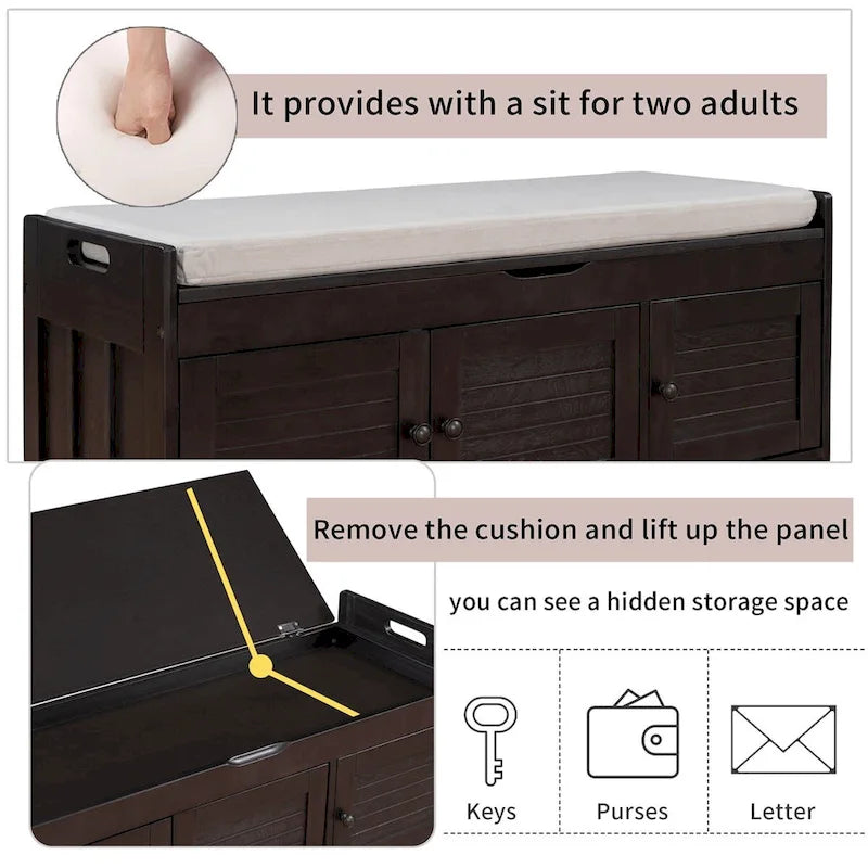 3 Shutter-shaped Doors Storage Bench with Removable Cushion