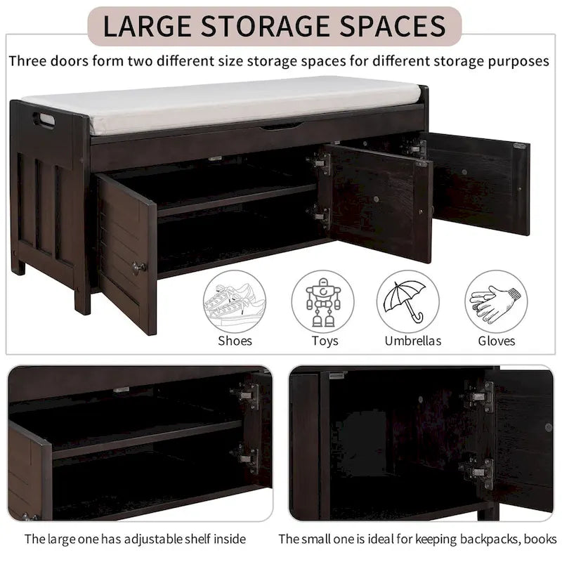 3 Shutter-shaped Doors Storage Bench with Removable Cushion