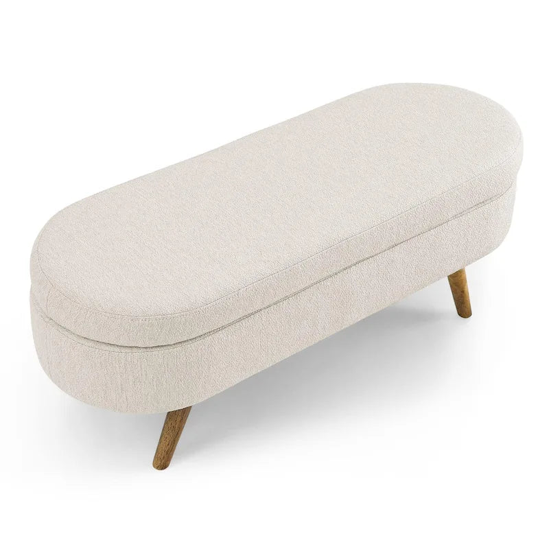 Storage Bench Modern Linen Fabric Ottoman Footstool with Solid Wood Legs Oval Storage Entry Bench Seat for Living Room Bedroom