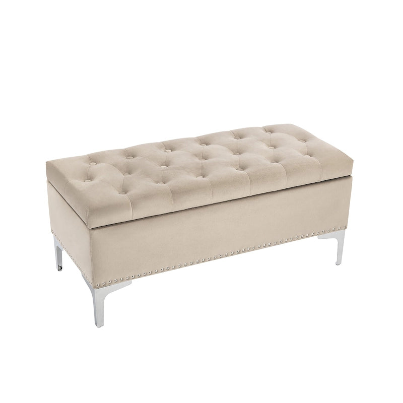 Velvet Flip Top Storage Ottoman Bench with Chrome Legs