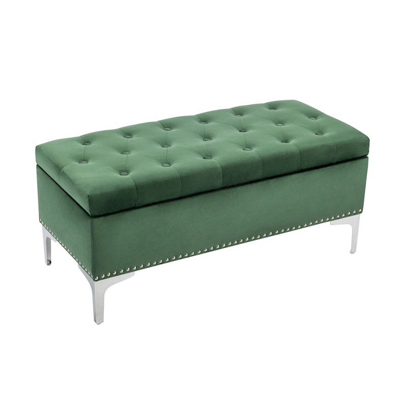 Velvet Flip Top Storage Ottoman Bench with Chrome Legs