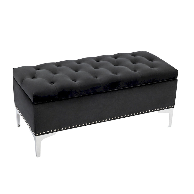 Velvet Flip Top Storage Ottoman Bench with Chrome Legs