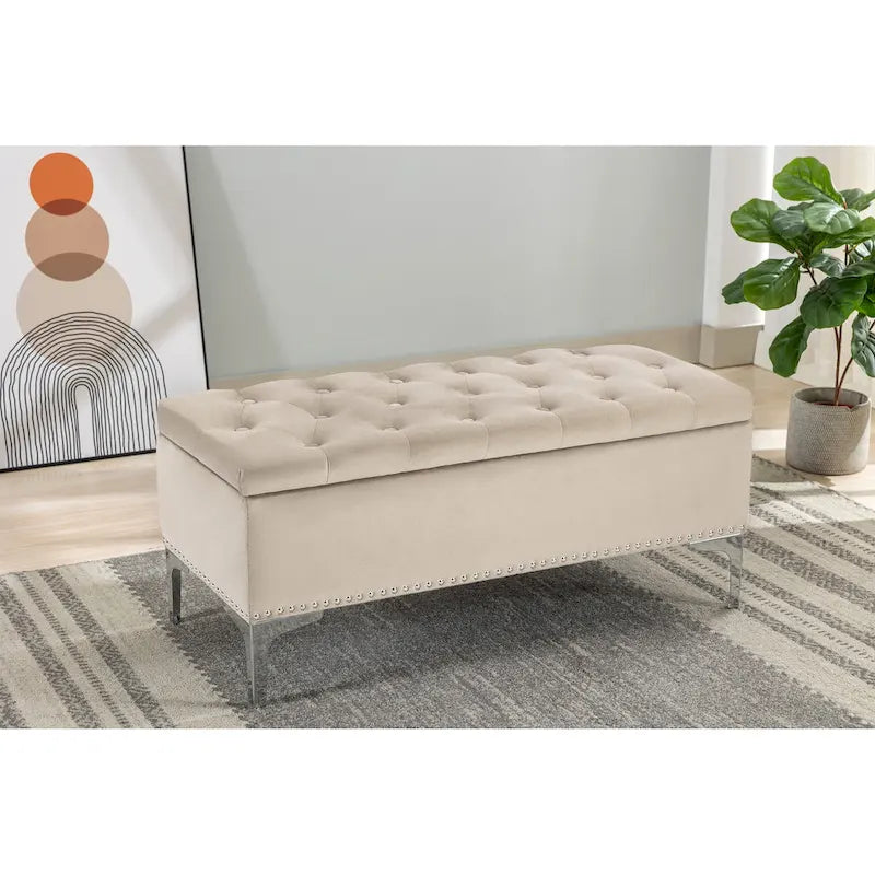 Velvet Flip Top Storage Ottoman Bench with Chrome Legs