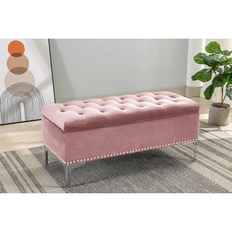 Velvet Flip Top Storage Ottoman Bench with Chrome Legs