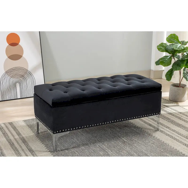 Velvet Flip Top Storage Ottoman Bench with Chrome Legs