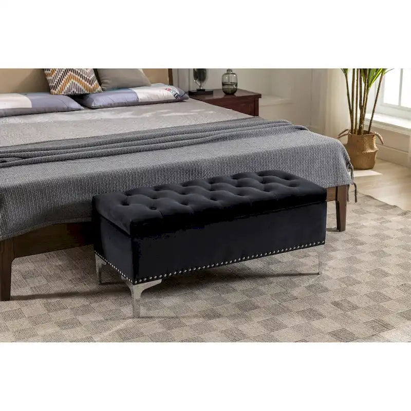 Velvet Flip Top Storage Ottoman Bench with Chrome Legs