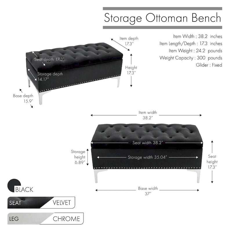 Velvet Flip Top Storage Ottoman Bench with Chrome Legs