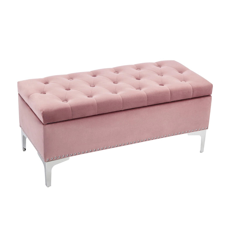 Velvet Flip Top Storage Ottoman Bench with Chrome Legs