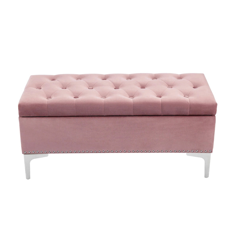 Velvet Flip Top Storage Ottoman Bench with Chrome Legs