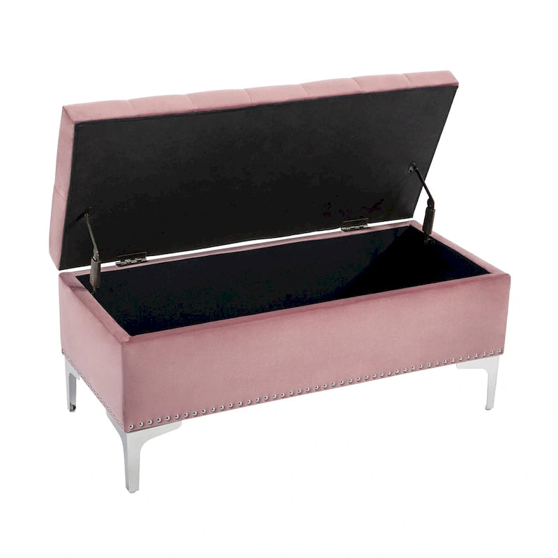 Velvet Flip Top Storage Ottoman Bench with Chrome Legs