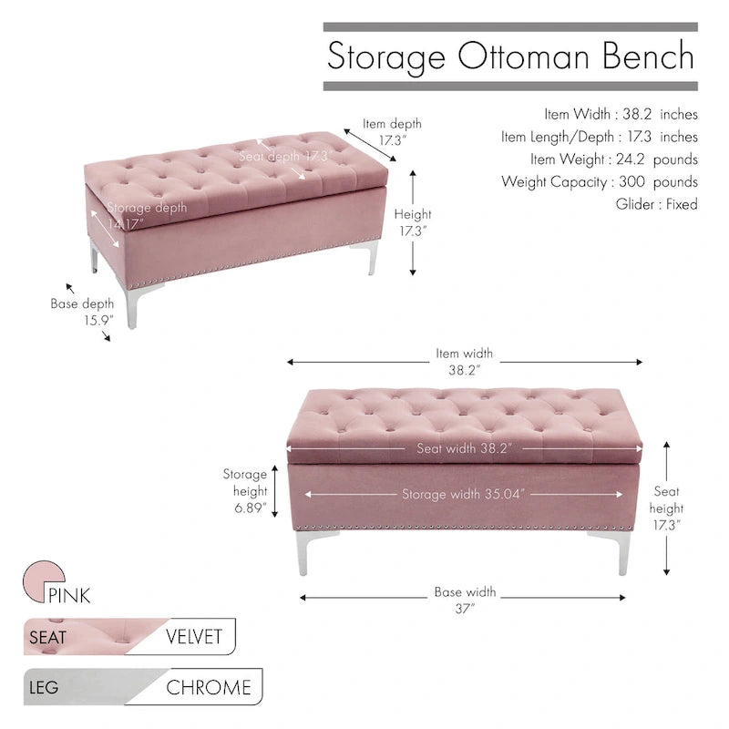 Velvet Flip Top Storage Ottoman Bench with Chrome Legs