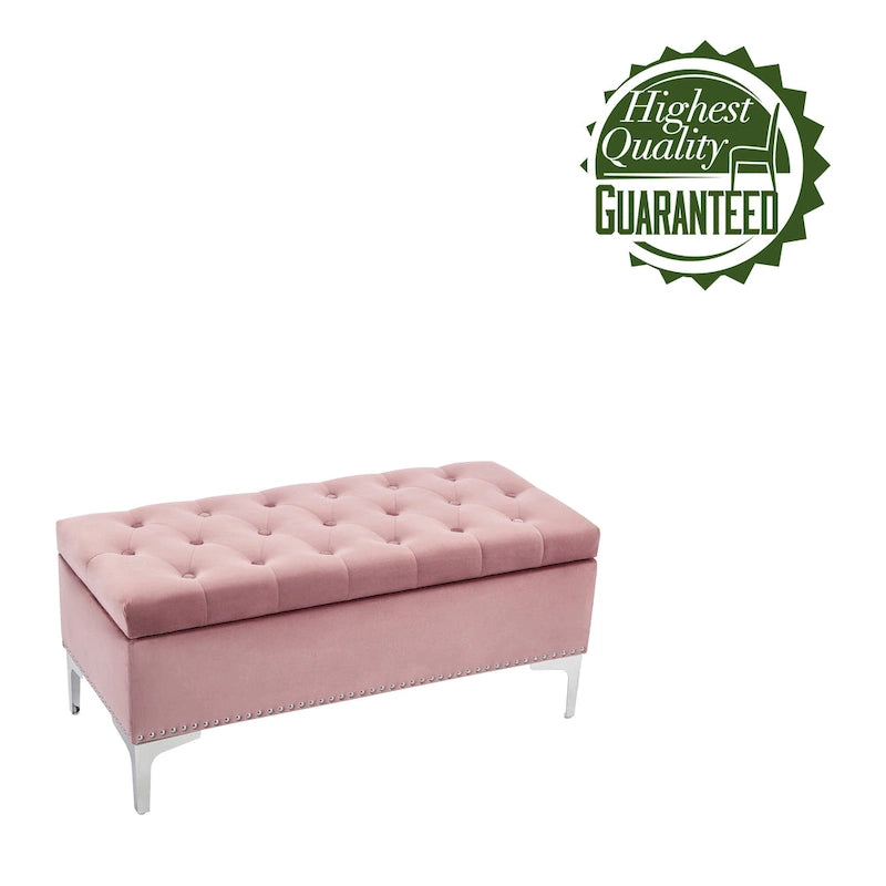 Velvet Flip Top Storage Ottoman Bench with Chrome Legs