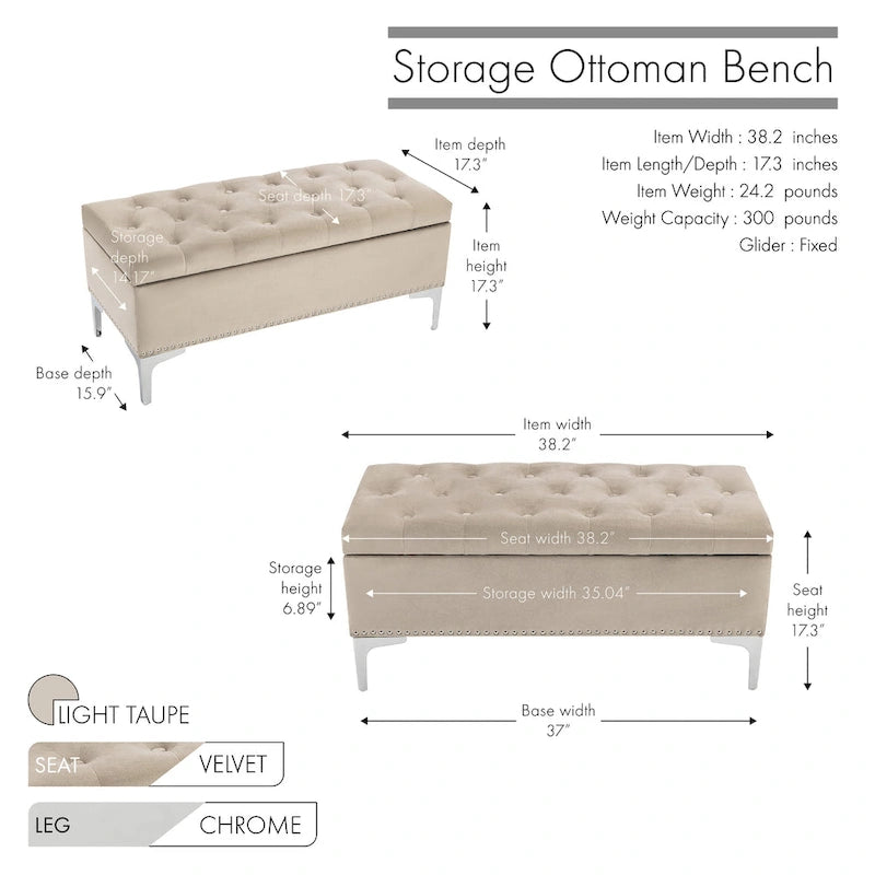 Velvet Flip Top Storage Ottoman Bench with Chrome Legs