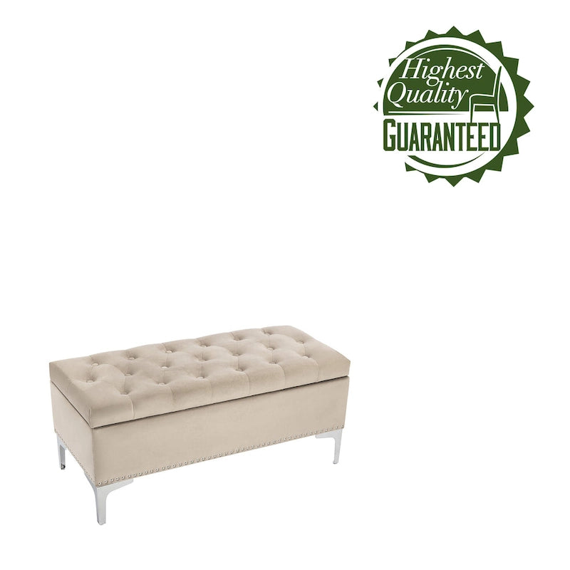 Velvet Flip Top Storage Ottoman Bench with Chrome Legs