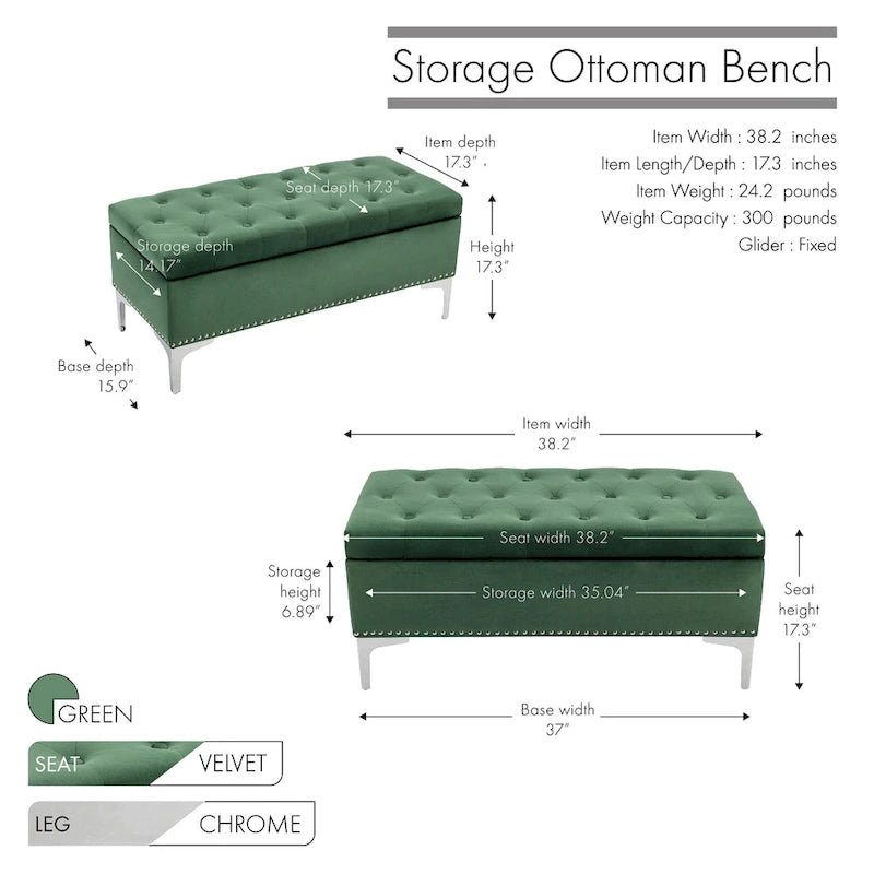 Velvet Flip Top Storage Ottoman Bench with Chrome Legs