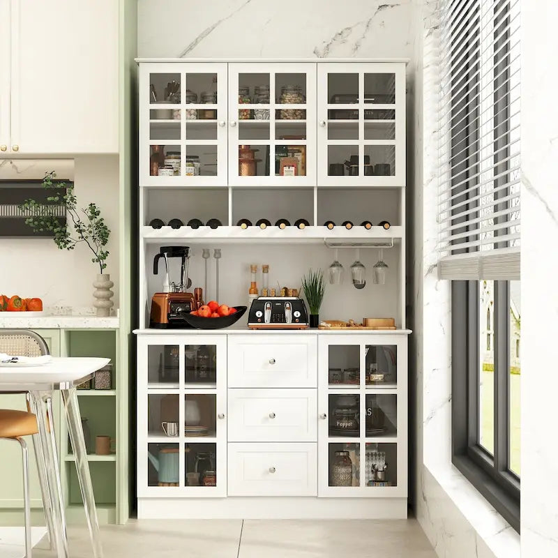 78.9Pantry Buffet White Buffet with Wine Glass Rack Drawer and Hutch