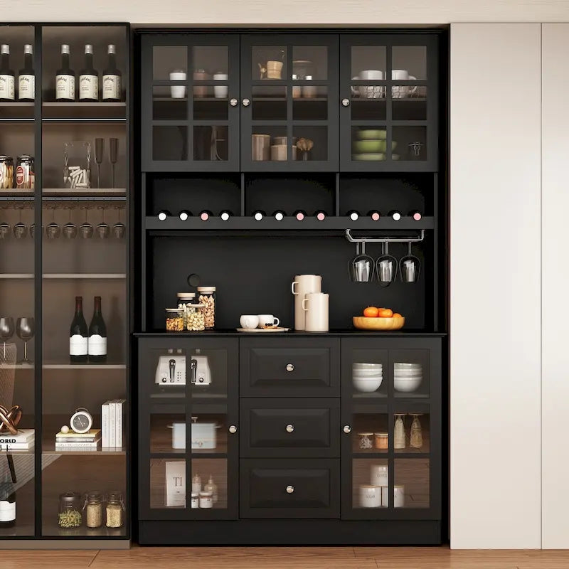 78.9Pantry Buffet White Buffet with Wine Glass Rack Drawer and Hutch