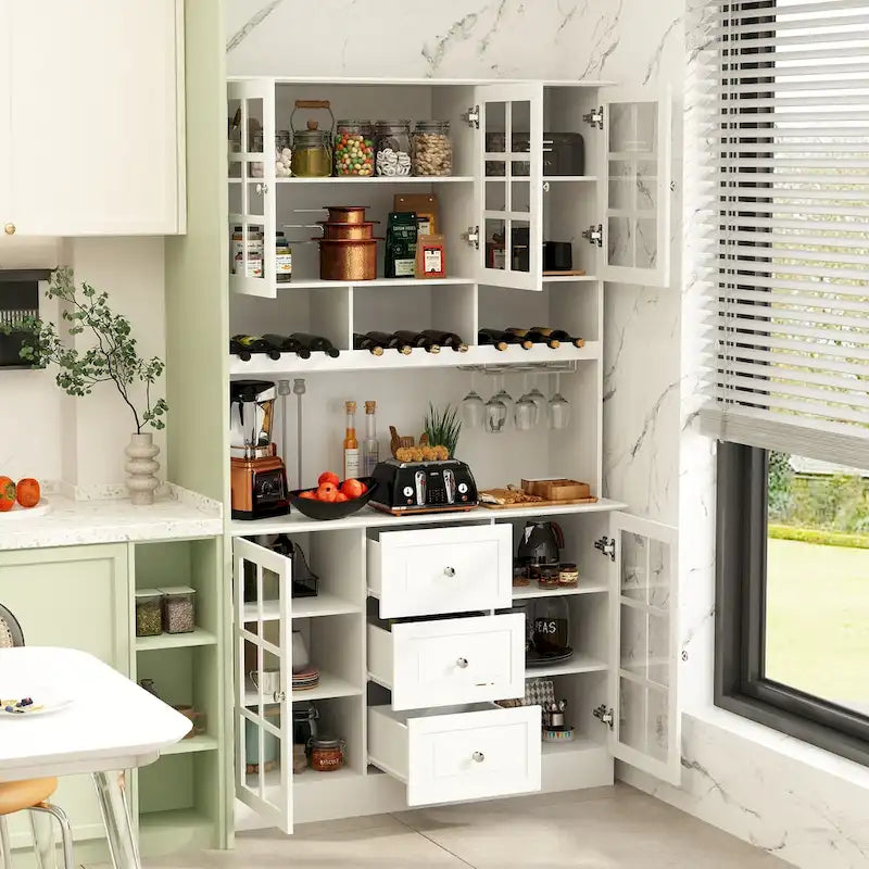 78.9Pantry Buffet White Buffet with Wine Glass Rack Drawer and Hutch