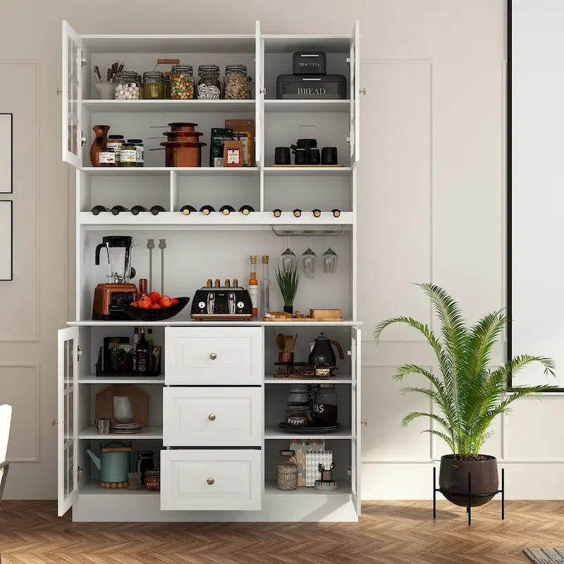78.9Pantry Buffet White Buffet with Wine Glass Rack Drawer and Hutch