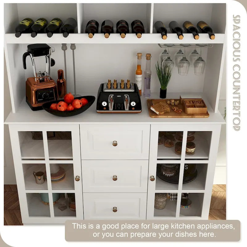 78.9Pantry Buffet White Buffet with Wine Glass Rack Drawer and Hutch