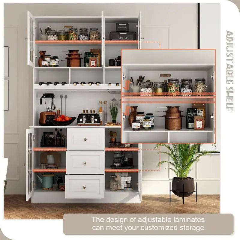 78.9Pantry Buffet White Buffet with Wine Glass Rack Drawer and Hutch