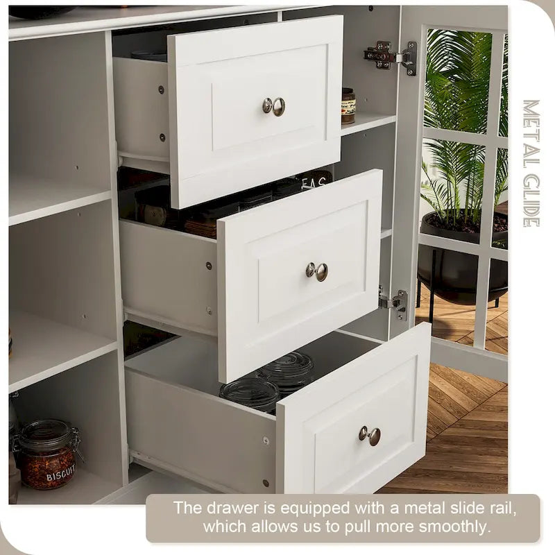 78.9Pantry Buffet White Buffet with Wine Glass Rack Drawer and Hutch