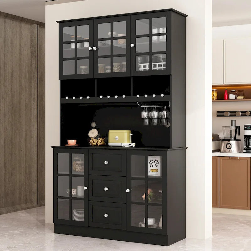 78.9Pantry Buffet White Buffet with Wine Glass Rack Drawer and Hutch