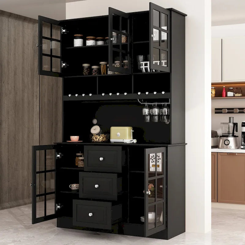 78.9Pantry Buffet White Buffet with Wine Glass Rack Drawer and Hutch