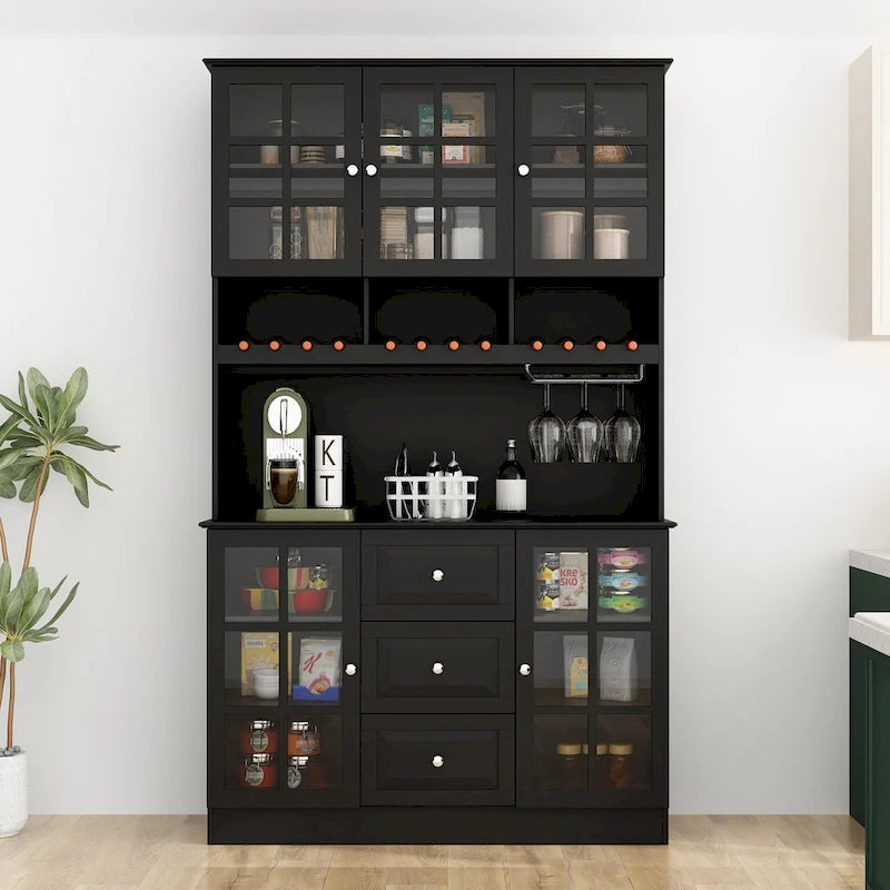 78.9Pantry Buffet White Buffet with Wine Glass Rack Drawer and Hutch