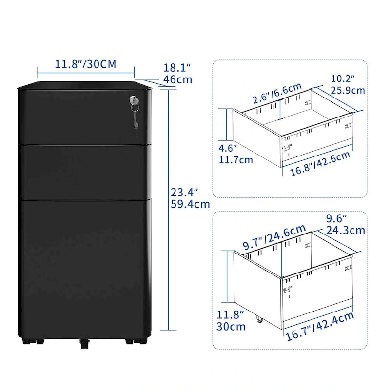 Modern 3-Drawer Mobile Vertical Steel File Cabinet