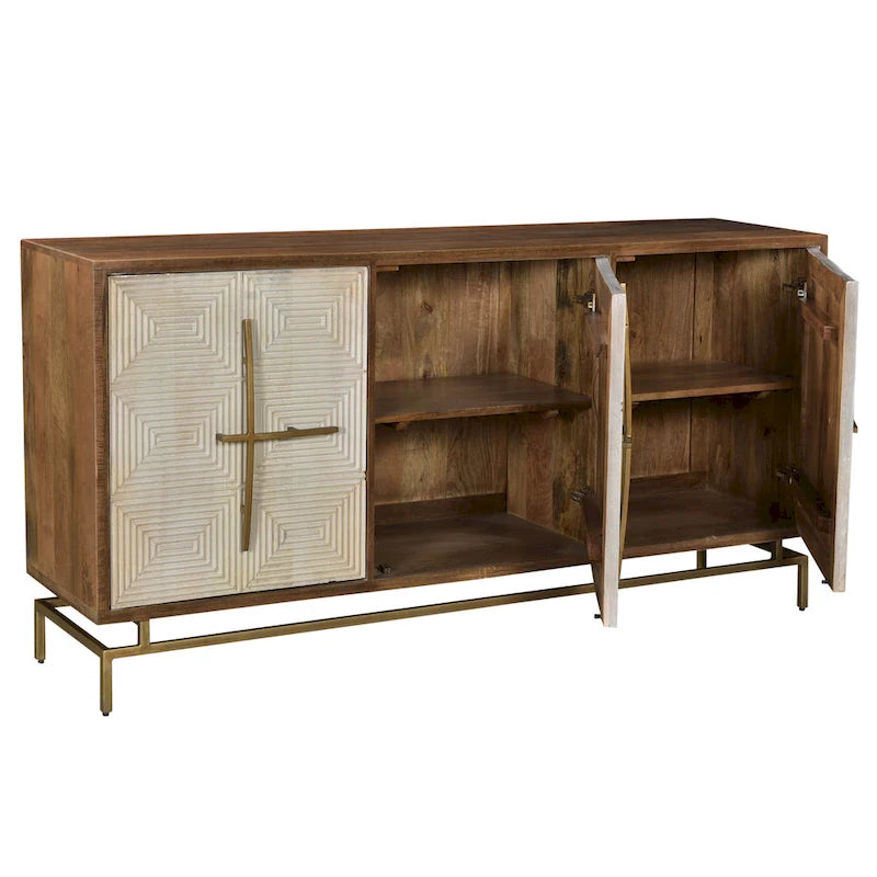 White & Natural Mango Wood 3 Door Sideboard w Gold Hardware - 69W x 16D x 34H