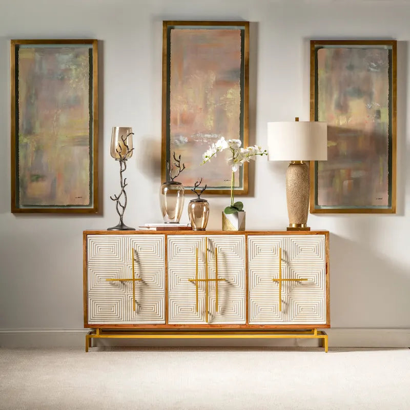 White & Natural Mango Wood 3 Door Sideboard w Gold Hardware - 69W x 16D x 34H