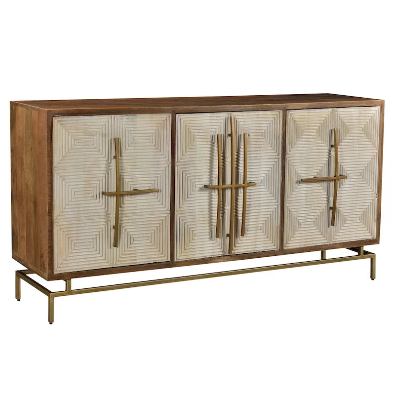 White & Natural Mango Wood 3 Door Sideboard w Gold Hardware - 69W x 16D x 34H