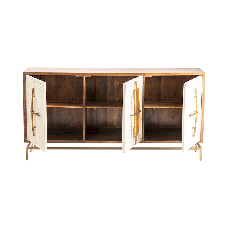 White & Natural Mango Wood 3 Door Sideboard w Gold Hardware - 69W x 16D x 34H